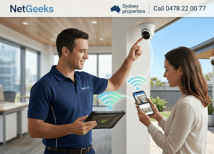 Technician setting up CCTV cameras and mobile viewing app