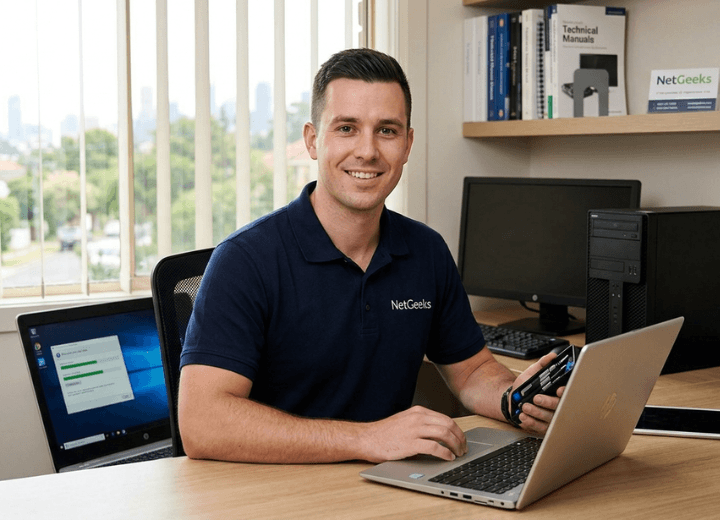 Technician repairing a laptop and desktop computer for a Sydney customer