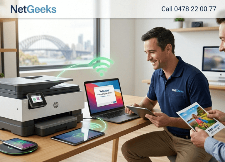 Technician setting up a wireless printer and scanner