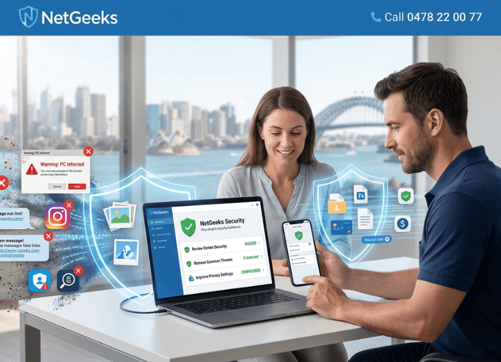 Technician securing a computer phone and online account settings